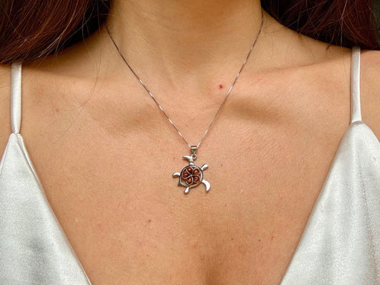 Hawaiian Sea Turtle Necklace – Sterling Silver Pendant with Koa Wood & Plumeria Flower