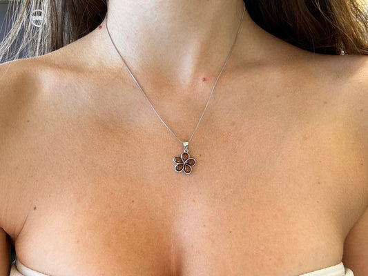 Hawaiian Plumeria Necklace – Koa Wood Flower Pendant with 925 Rhodium Plated Chain