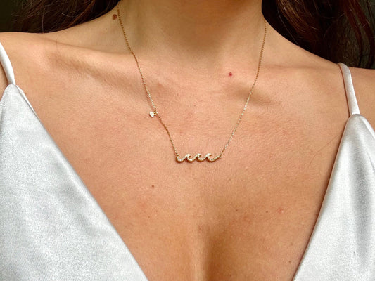 14K Gold Wave Necklace – Sterling Silver Pendant With Cubic Zirconia Sparkle, beach jewelry, Hawaiian jewelry, gift for Oceanlover – handmade Hawaiian jewelry, Island Goddess Jewelry
