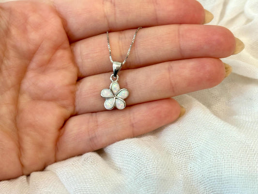 White Opal Necklace – Dainty Floral Plumeria Flower Pendant | Tarnish Free 925 Silver Chain, bridal jewelry, gift for her – handmade Hawaiian jewelry, Island Goddess Jewelry