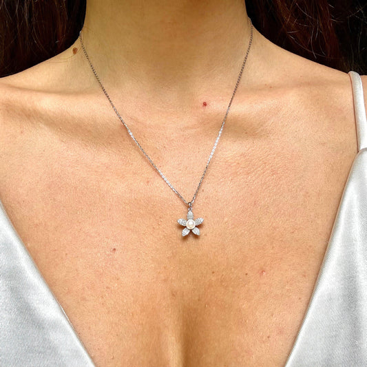 Hawaiian Plumeria Necklace – Sterling Silver Pearl Pendant With Cubic Zirconia Sparkle