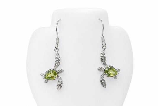 Peridot Turtle Earrings | Rhodium Plated Sterling Silver Gift Box, gift for her, gift for mom, dangle earrings – handmade Hawaiian jewelry, Island Goddess Jewelry