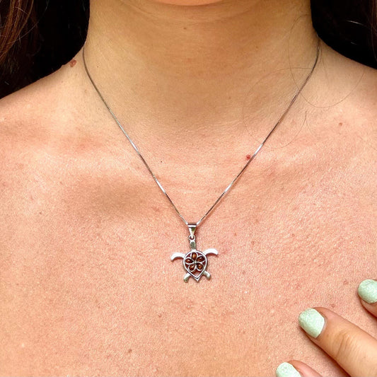 Hawaiian Turtle Necklace – Sterling Silver Honu Pendant With Koa Wood Inlay