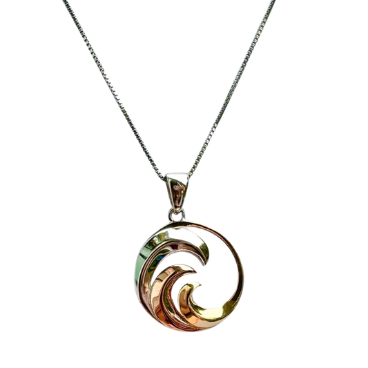 Hawaiian Wave Necklace – Sterling Silver Ocean Wave Pendant With Gold Chain