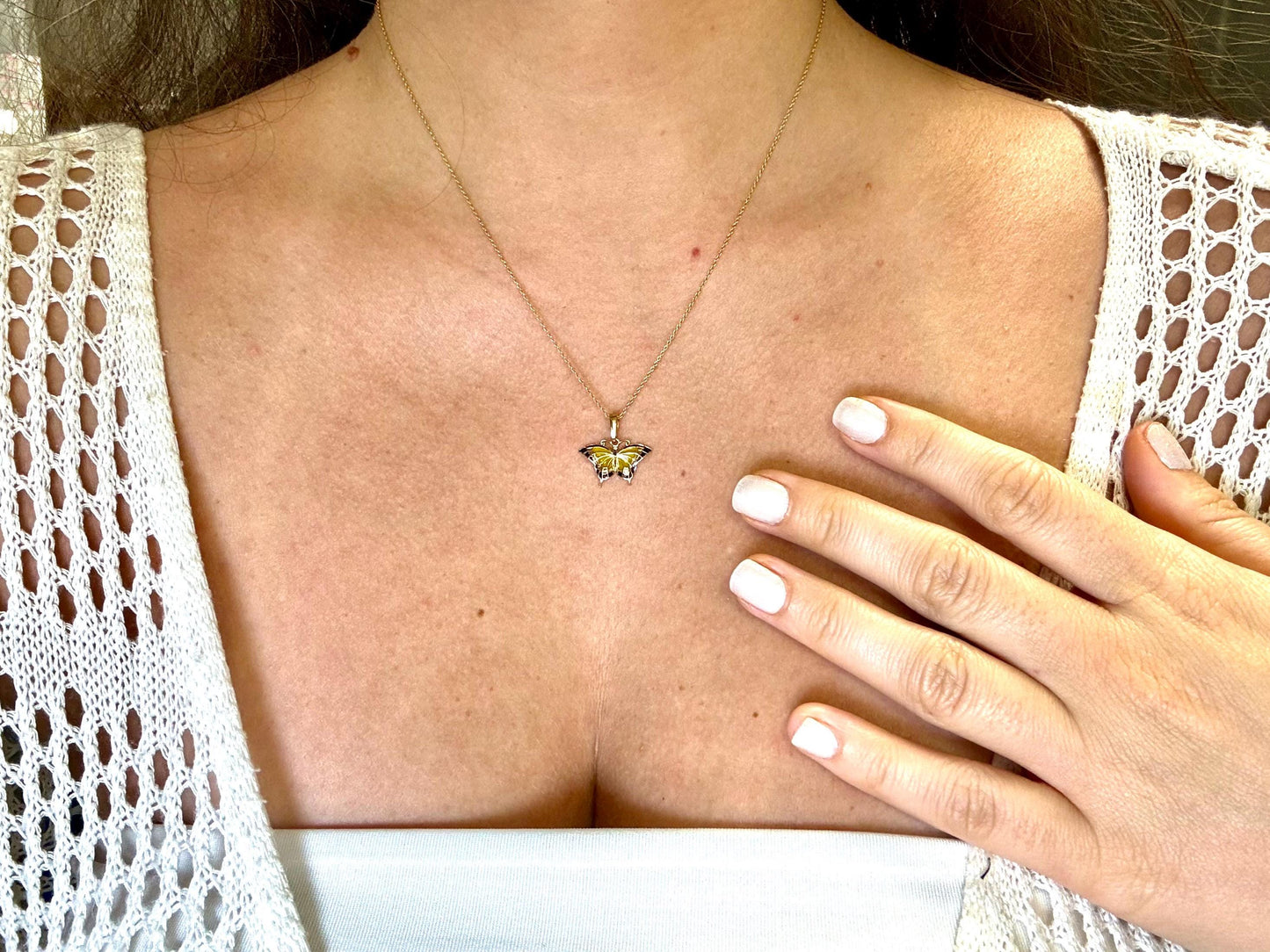 14K Yellow Gold Enamel Butterfly Pendant, Butterfly Necklace Color Necklace Diamond Pendant Birthday Gift For Her For mom Anniversary Gift