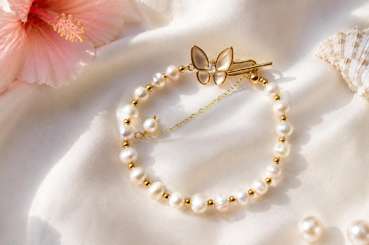 Butterfly Pearl Bracelet, Adjustable Gold Chain, Gift For Her, hawaii, adjustable bracelet, butterfly bracelet – handmade Hawaiian jewelry, Island Goddess Jewelry