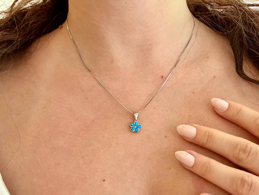 Blue Opal Necklace – Dainty Plumeria Flower Pendant | 925 Silver Jewelry, bridal jewelry, gift for her – handmade Hawaiian jewelry, Island Goddess Jewelry