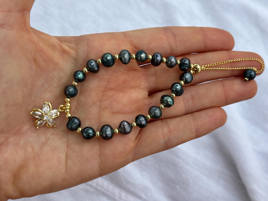 Black Pearl Bracelet – Adjustable Freshwater Pearl Jewelry with Gold Flower Charm, bridal, wedding, hawaii – handmade Hawaiian jewelry, Island Goddess Jewelry