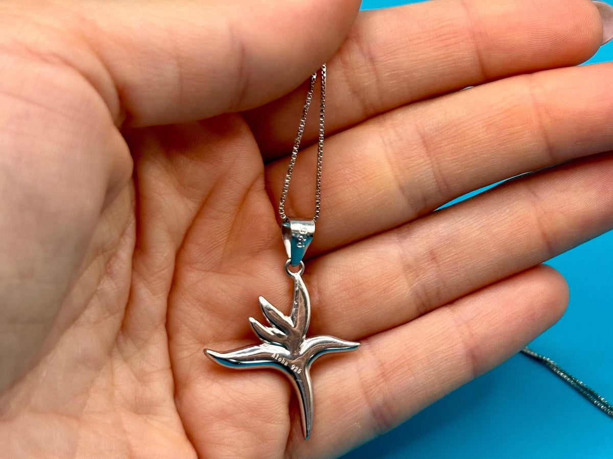 Koa Wood Flower Necklace, Bird Of Paradise Silver Pendant, Hawaii, chain, gift, koawood – handmade Hawaiian jewelry, Island Goddess Jewelry
