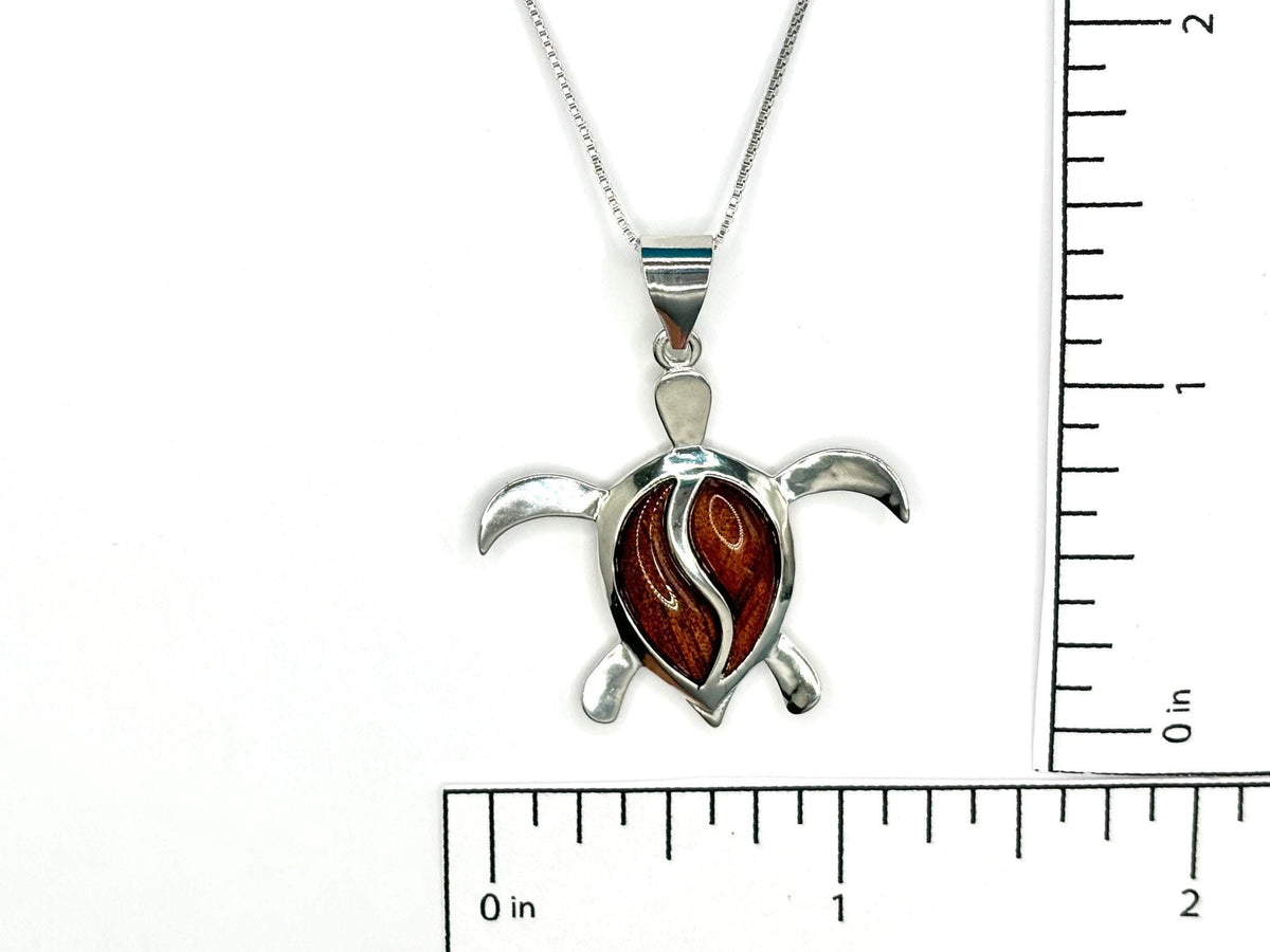 Koa Wood Turtle Necklace, Hawaiian Honu Sterling Silver Pendant, chain, gift, moana – handmade Hawaiian jewelry, Island Goddess Jewelry