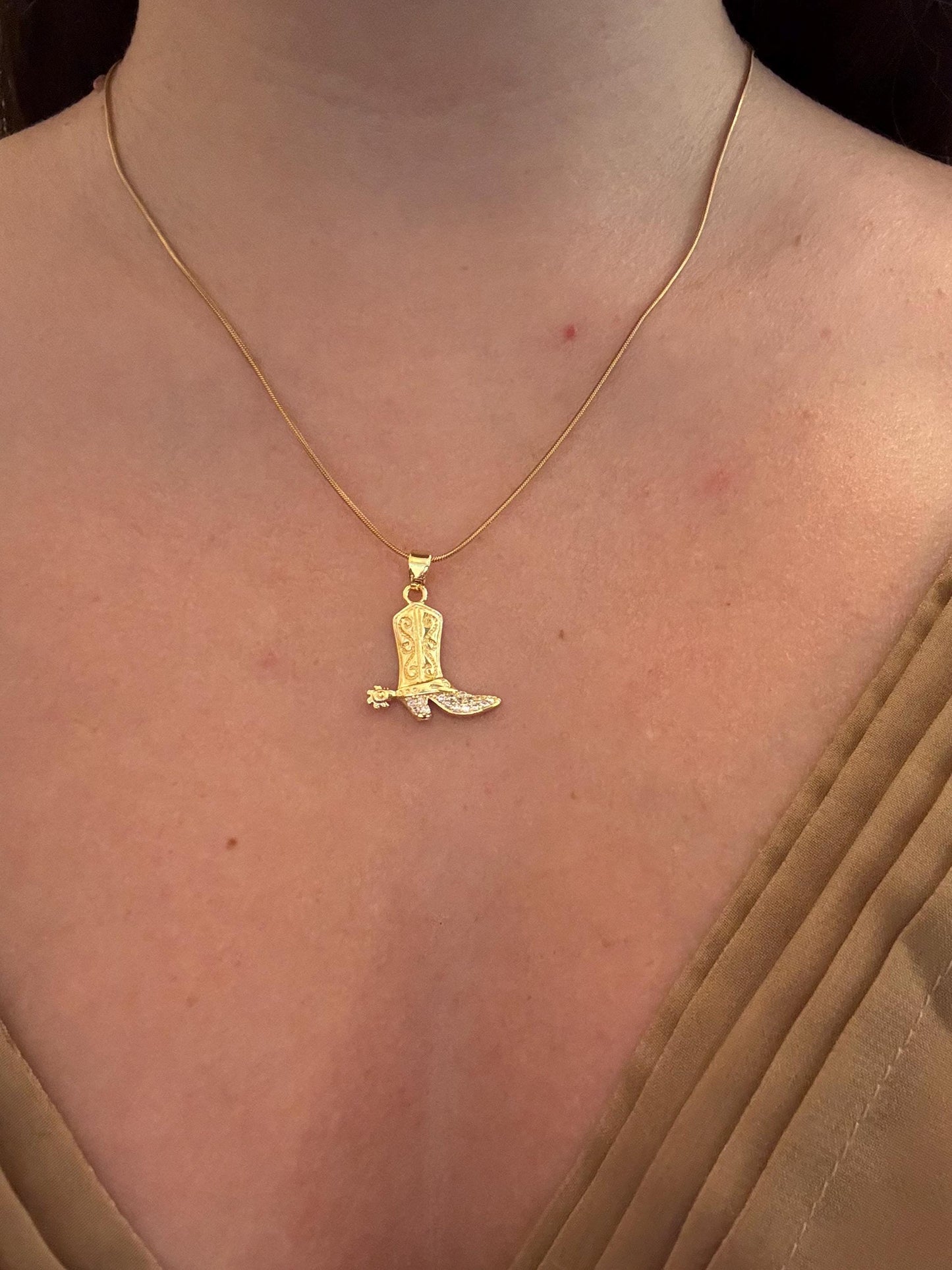 Floral Cowboy Boot Necklace – Gold Plated Cowgirl Jewelry With Sparkling Cubic Zirconia