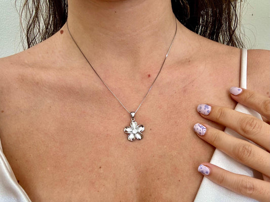 Hawaiian Plumeria Flower Necklace Tarnish Free Sterling Silver with Sparkling CZ Stone Romantic Jewelry Gift for her Wife, Mom Girlfriend