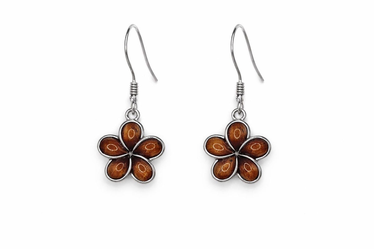 Koa Wood Plumeria Earrings, Hawaiian Sterling Silver Dangle Gift, ball, chain, nontarnish – handmade Hawaiian jewelry, Island Goddess Jewelry