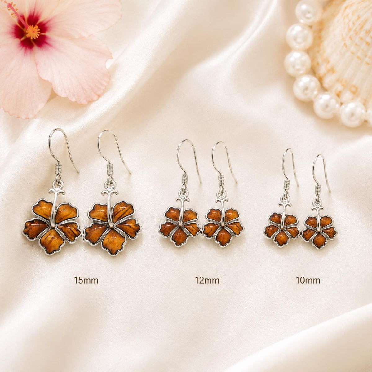 Koa Wood Hibiscus Earrings | Sterling Silver Dangle, Hawaii Jewelry, hawaiian, chain, flower – handmade Hawaiian jewelry, Island Goddess Jewelry