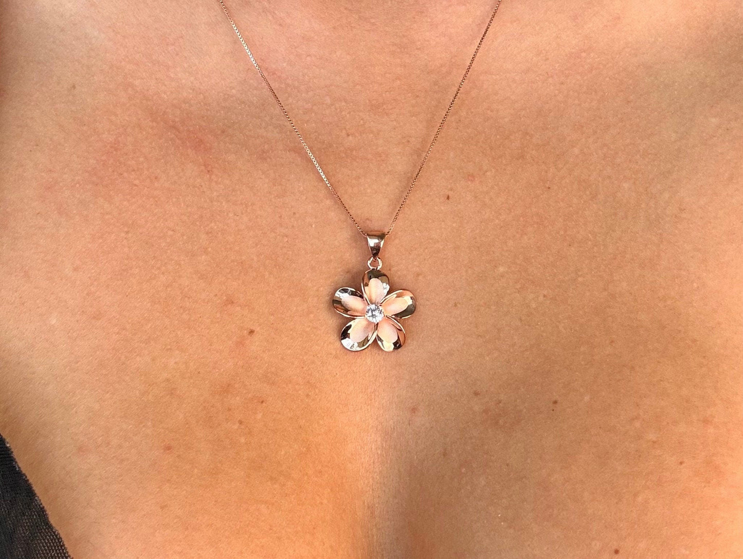Hawaiian Plumeria Flower Necklace, 14K Rose Gold-Plated 925 Sterling Silver with CZ, Sparkly Romantic Gift for Wife, Mom, Girlfriend