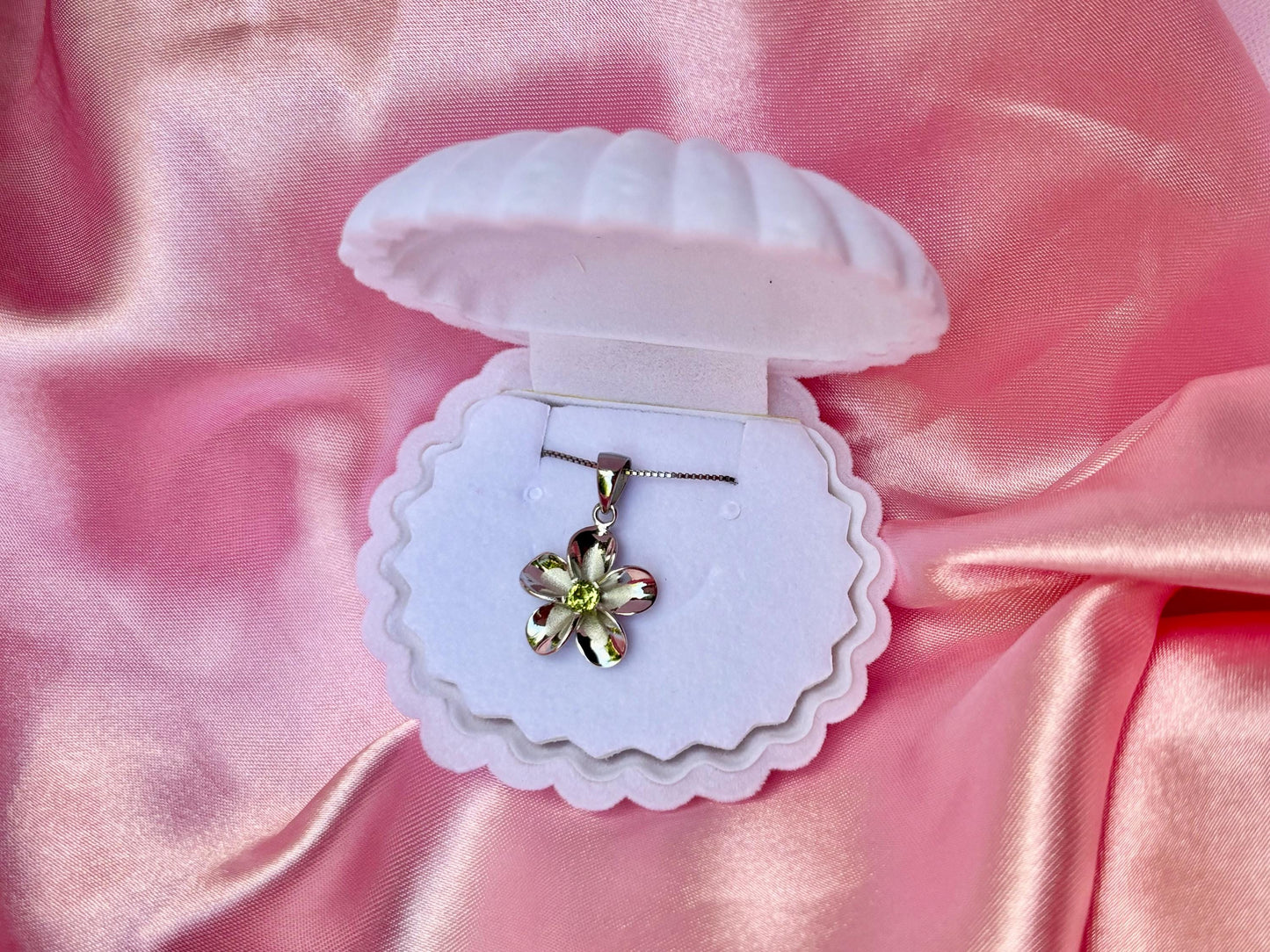 Hawaiian Plumeria Flower Necklace Peridot Necklace 925 Sterling Silver Tarnish Free With Chain - Birthday Gift for Her Green Dainty Necklace