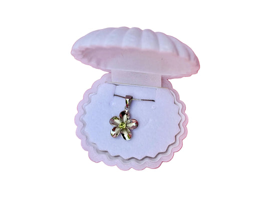 Plumeria Flower Necklace – Peridot Pendant, Tarnish Resistant Sterling Silver Jewelry