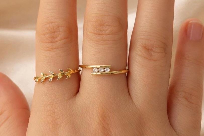 3 Stone Ring – Adjustable Gold Plated Stackable Ring With Cubic Zirconia