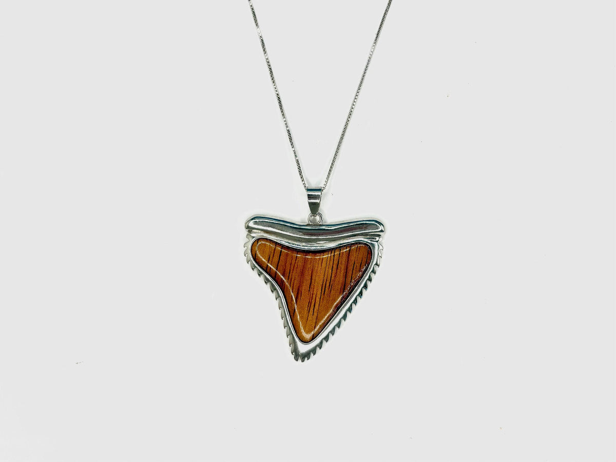 Shark Tooth Necklace, Hawaii Koa Wood, Rhodium Silver Pendant Set, gift, nontarnish, sharklover – handmade Hawaiian jewelry, Island Goddess Jewelry
