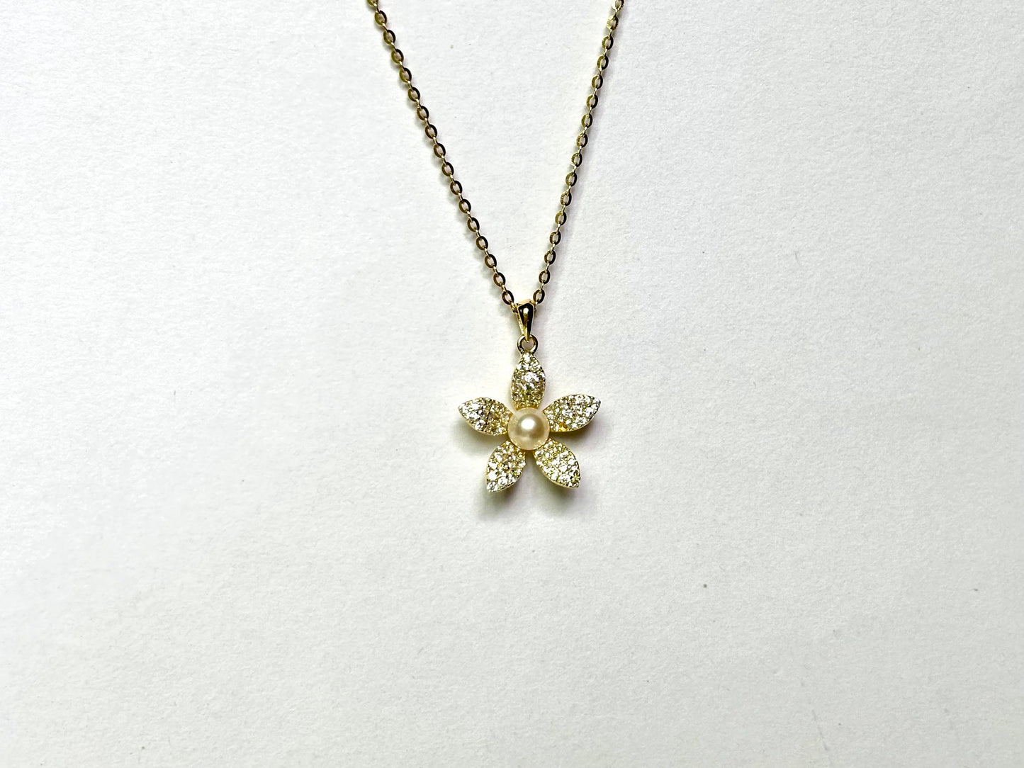 Hawaiian Plumeria Genuine Pearl Flower Necklace w chain 925 Sterling Silver 14K Gold Plated Cute Romantic Gift for her Tarnish Free CZ Stone