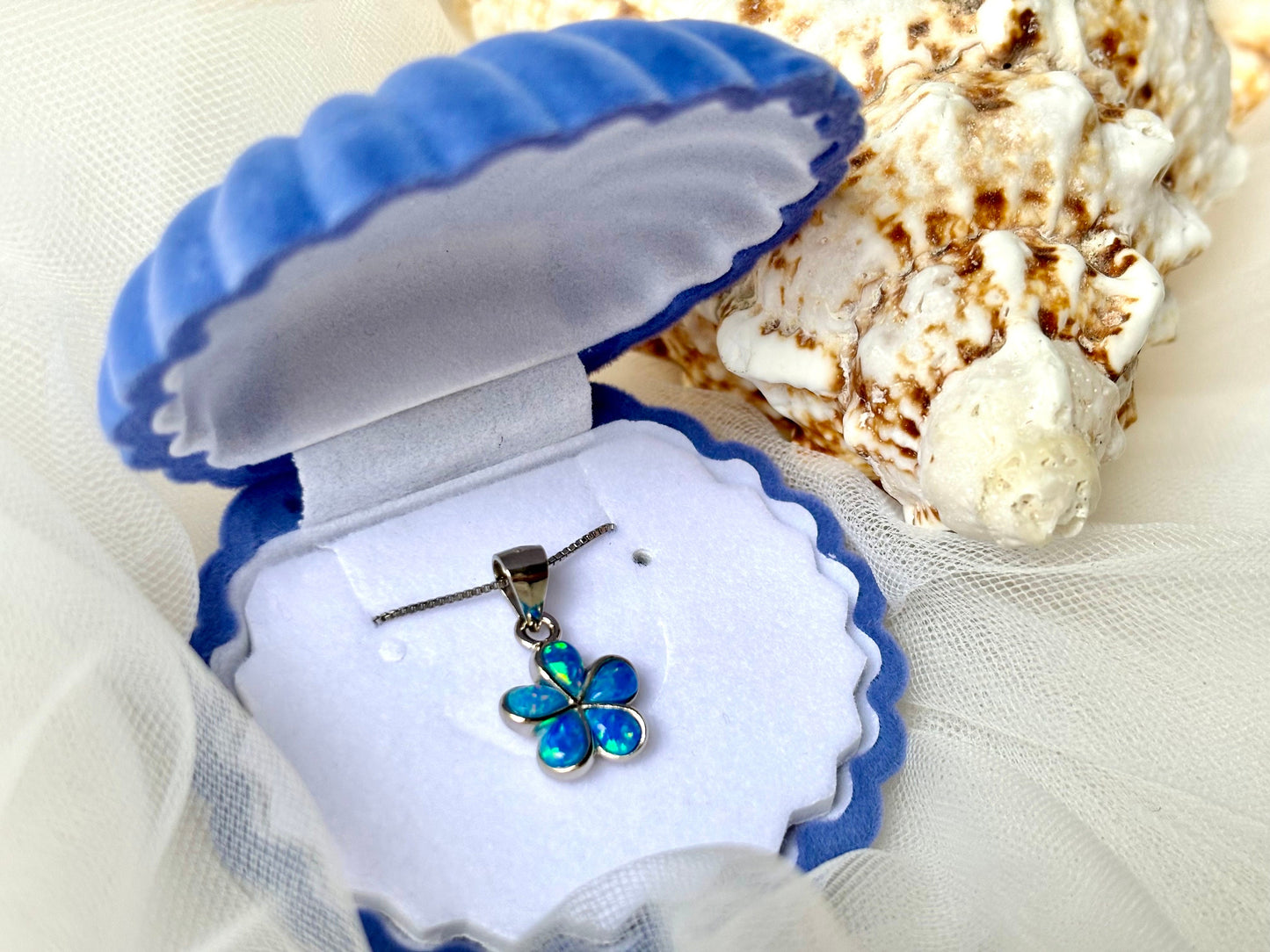 Hawaiian Plumeria Flower Necklace 925 Sterling Silver Tarnish Free Blue Opal Necklace with Chain Gift for her Oceanlover Wife Daugther Mom
