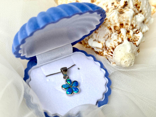 Hawaiian Plumeria Flower Necklace 925 Sterling Silver Tarnish Free Blue Opal Necklace with Chain Gift for her Oceanlover Wife Daugther Mom