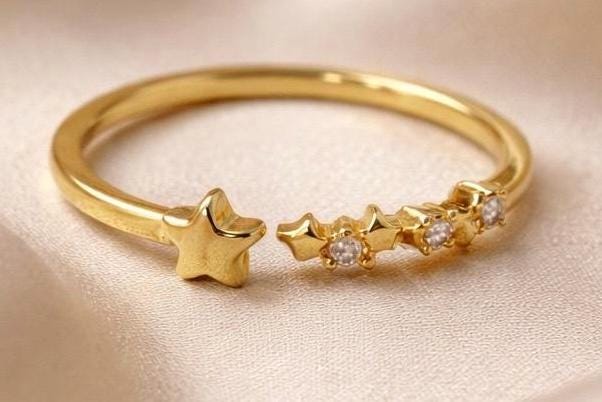 Star Ring Adjustable Gold Plated Stainless Steel Ring with Zirconia Stone