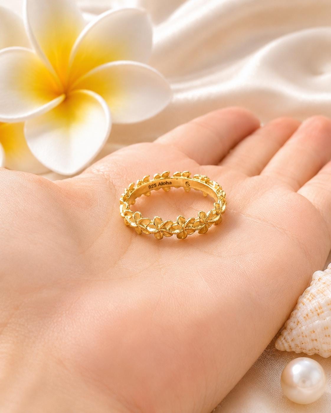 Plumeria Flower Ring | 14K Gold Plated, Stackable CZ Nature Ring, gift for her, adjustable ring, gift – handmade Hawaiian jewelry, Island Goddess Jewelry