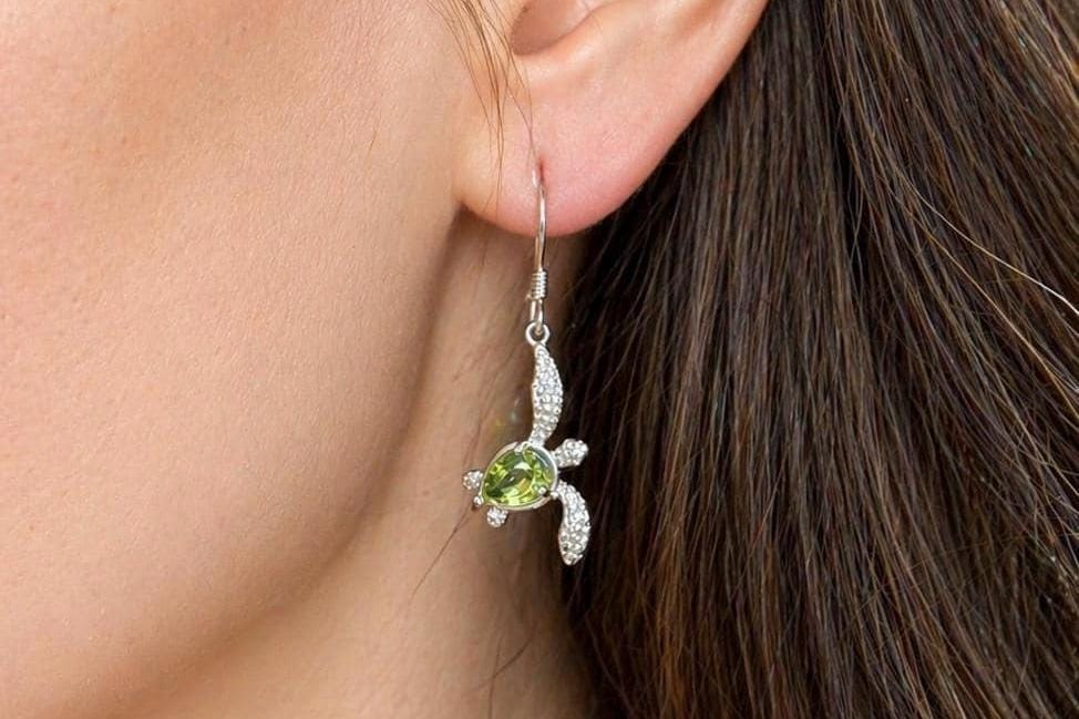 Peridot Turtle Earrings | Rhodium Plated Sterling Silver Gift Box, gift for her, gift for mom, dangle earrings – handmade Hawaiian jewelry, Island Goddess Jewelry