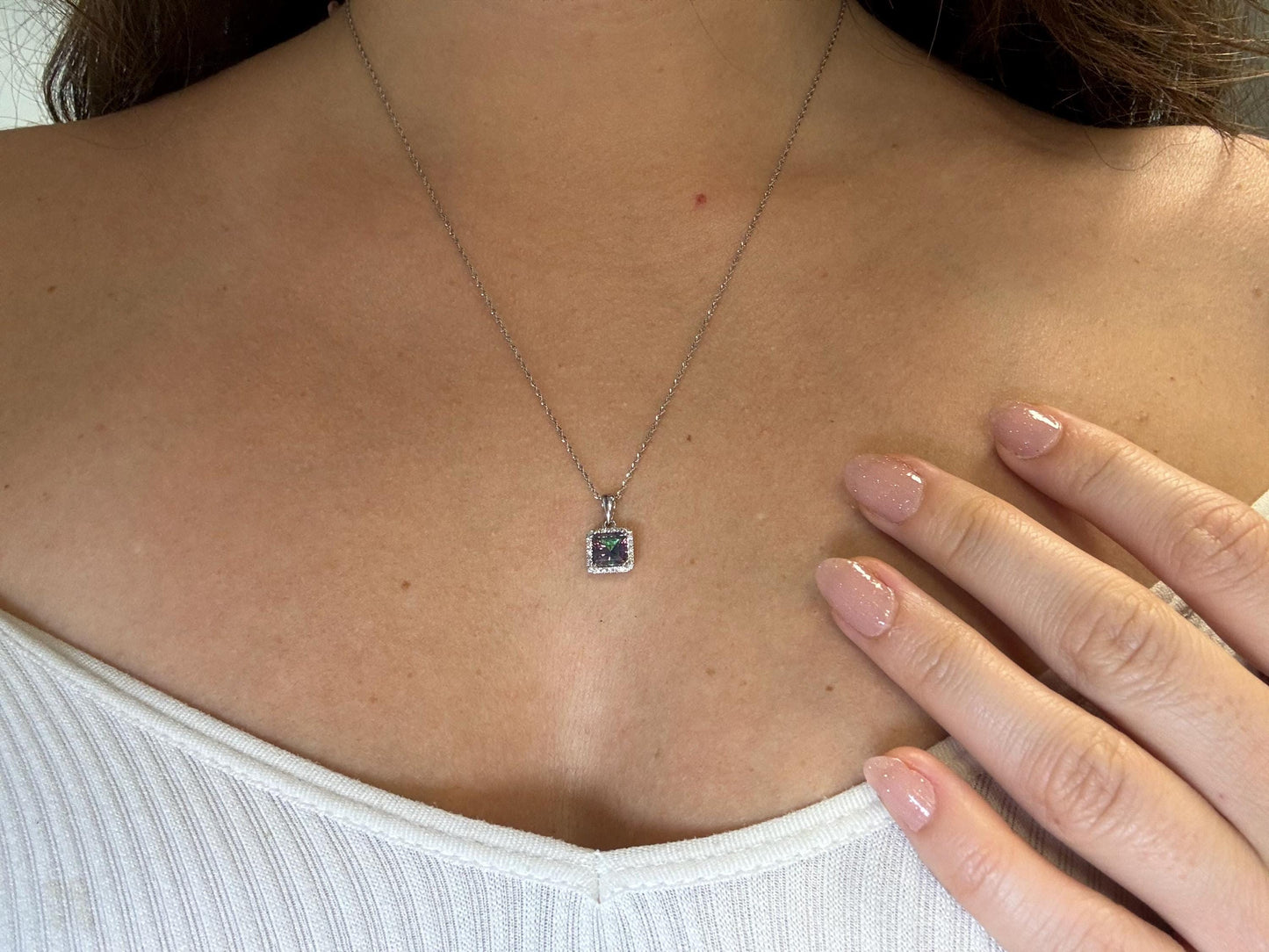 Mystic Topaz Diamond Pendant 14K White Gold 1.28 Carat - Rainbow Necklace, Dainty Necklace Charm , Birthday Gift for Her Gift For Mom