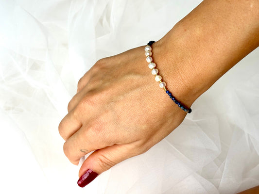 Healing Crystal December Birth Stone Bracelet Genuine Freshwater White Pearl Lapis Lazuli Bracelet Adjustable Tarnish Free Cute Gift For Her