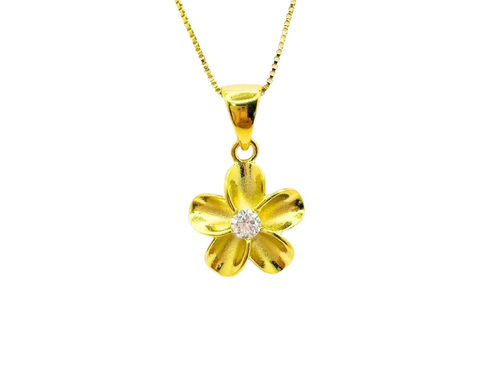 A gold-colored pendant necklace with a single, large, flower-shaped gemstone in the center.