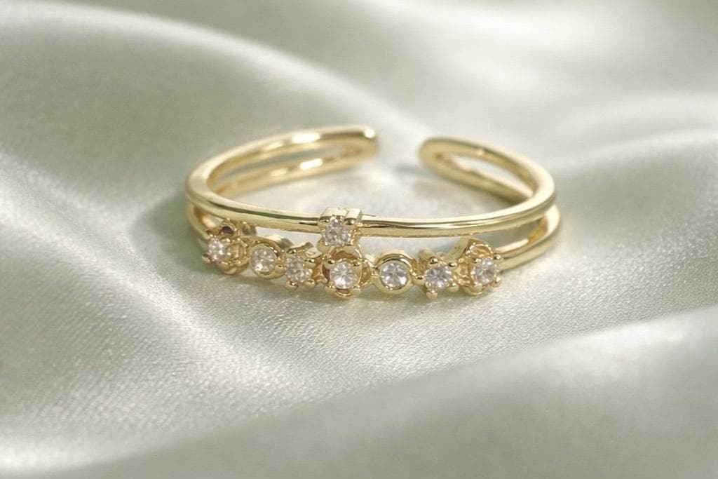Adjustable Stackable Ring - Dainty Gold Band with Sparkling Cubic Zirconia Stone