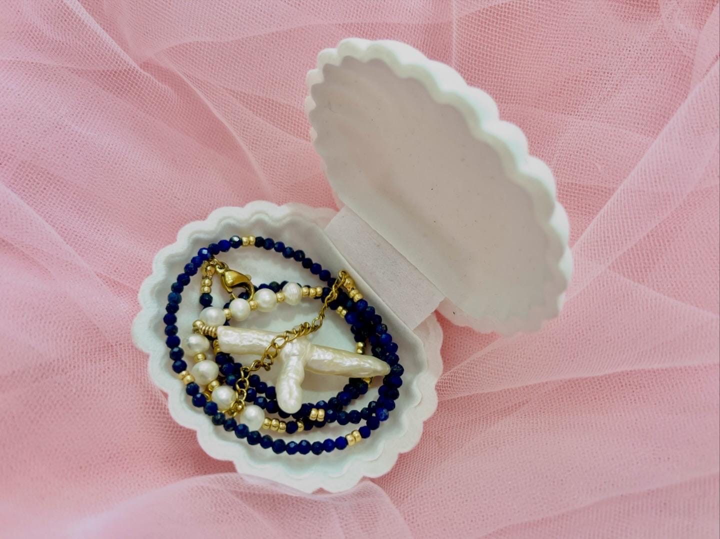 Cross Pearl Necklace December Birth Stone Necklace Freshwater White Pearl Lapis Lazuli Necklace Adjustable Tarnish Free Gift For Her