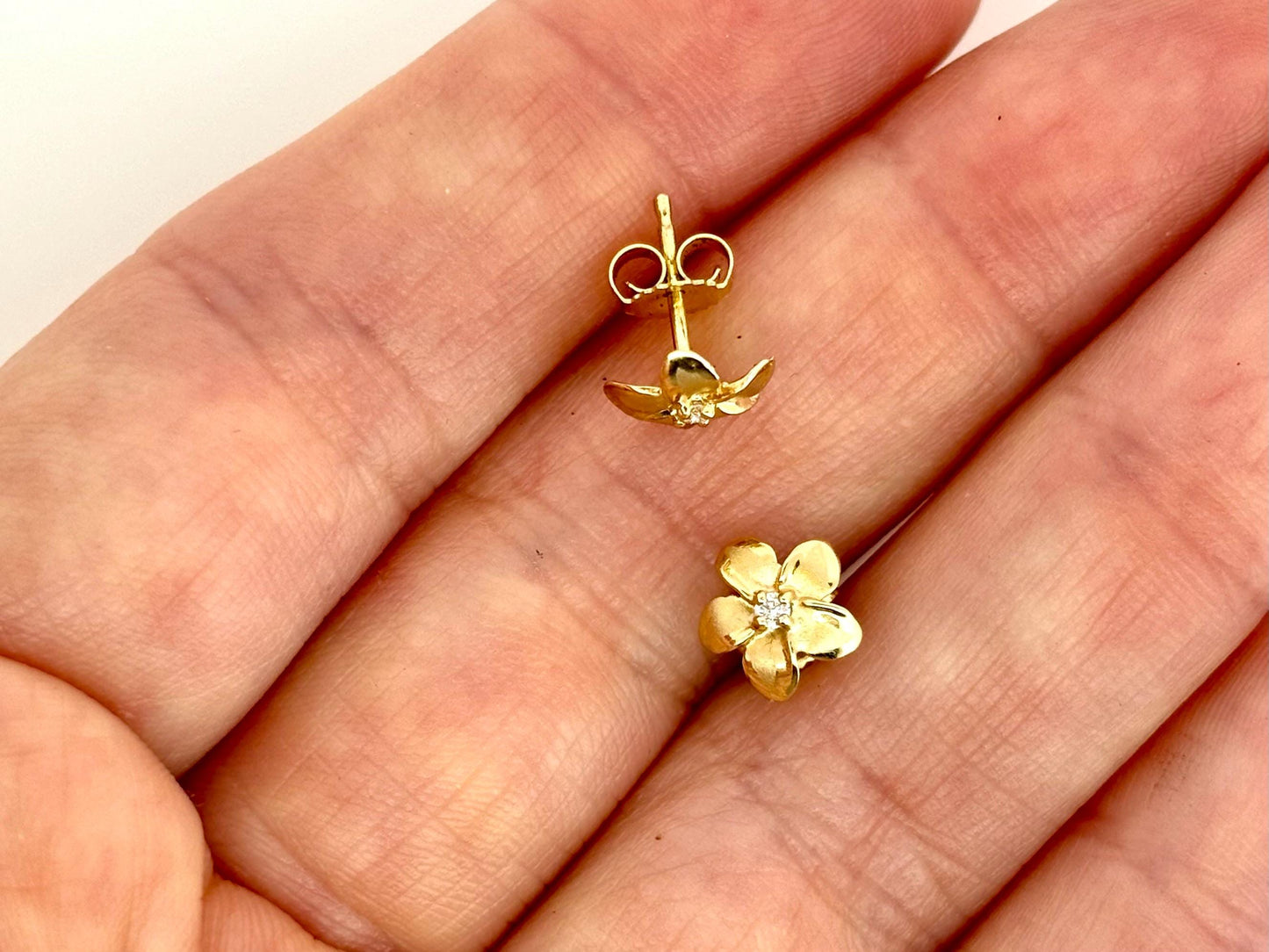 14K Solid Gold Plumeria Earrings Flower Earrings  Gold Earrings Birthday Gift for her Gift for Mom Flower Studs Diamond Studs Gold Studs