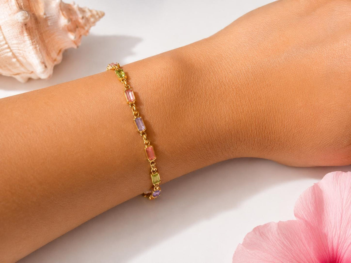Pastel Gemstone Bracelet, Dainty Gold Chain, Colorful CZ Stones, gift for her, colorful bracelet, dainty gold bracelet – handmade Hawaiian jewelry, Island Goddess Jewelry