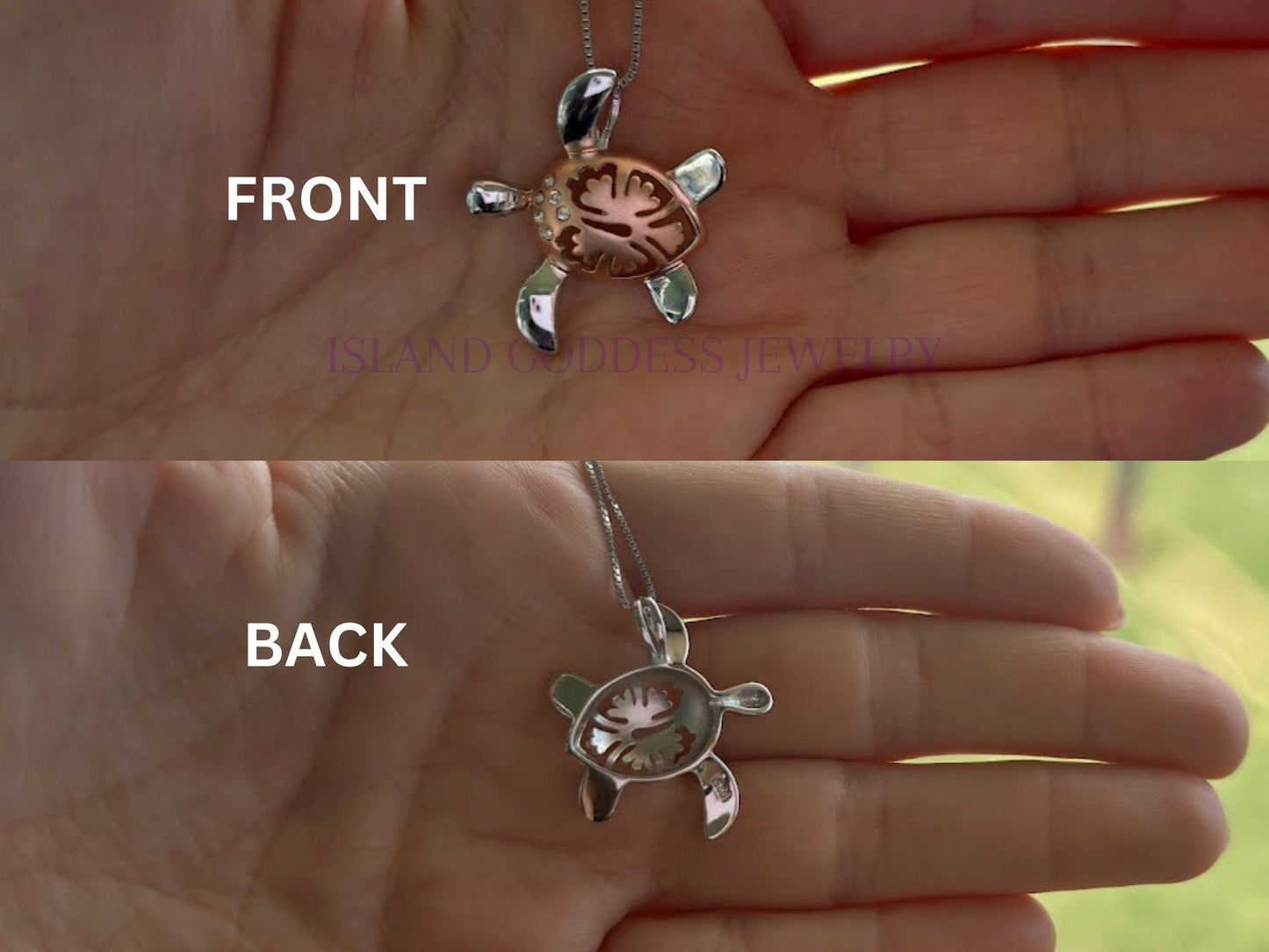 Hawaiian Turtle Necklace, Hibiscus Necklace,14K Rose Gold-Plated 925 Sterling Silver Sparkly Flower Necklace with Chain Cute Gift for Her