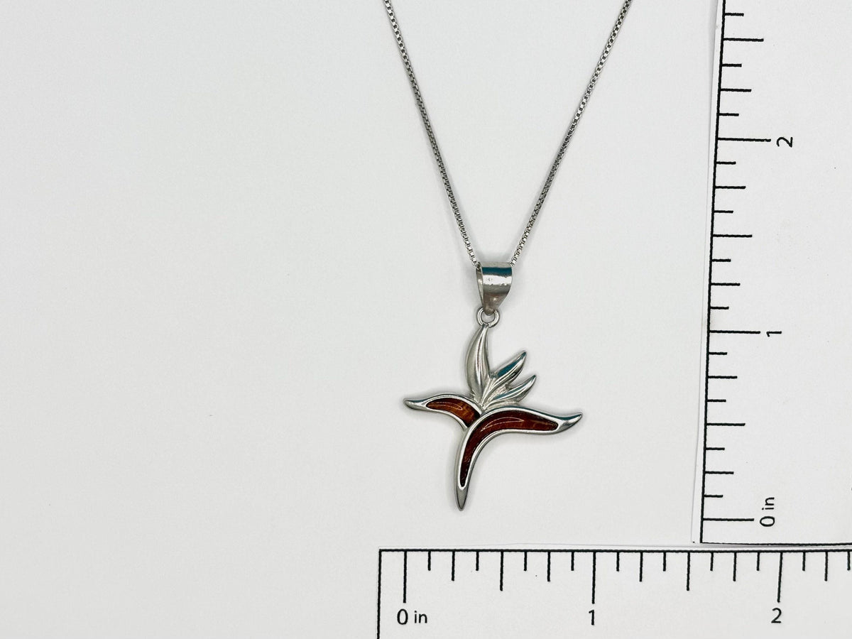 Koa Wood Flower Necklace, Bird Of Paradise Silver Pendant, Hawaii, chain, gift, koawood – handmade Hawaiian jewelry, Island Goddess Jewelry