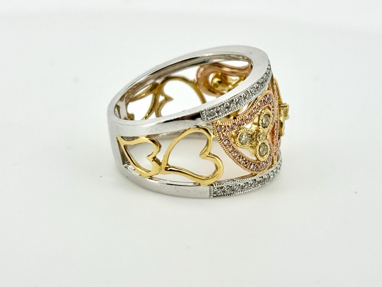 18K Solid Gold Heart Ring with Yellow and White Diamonds