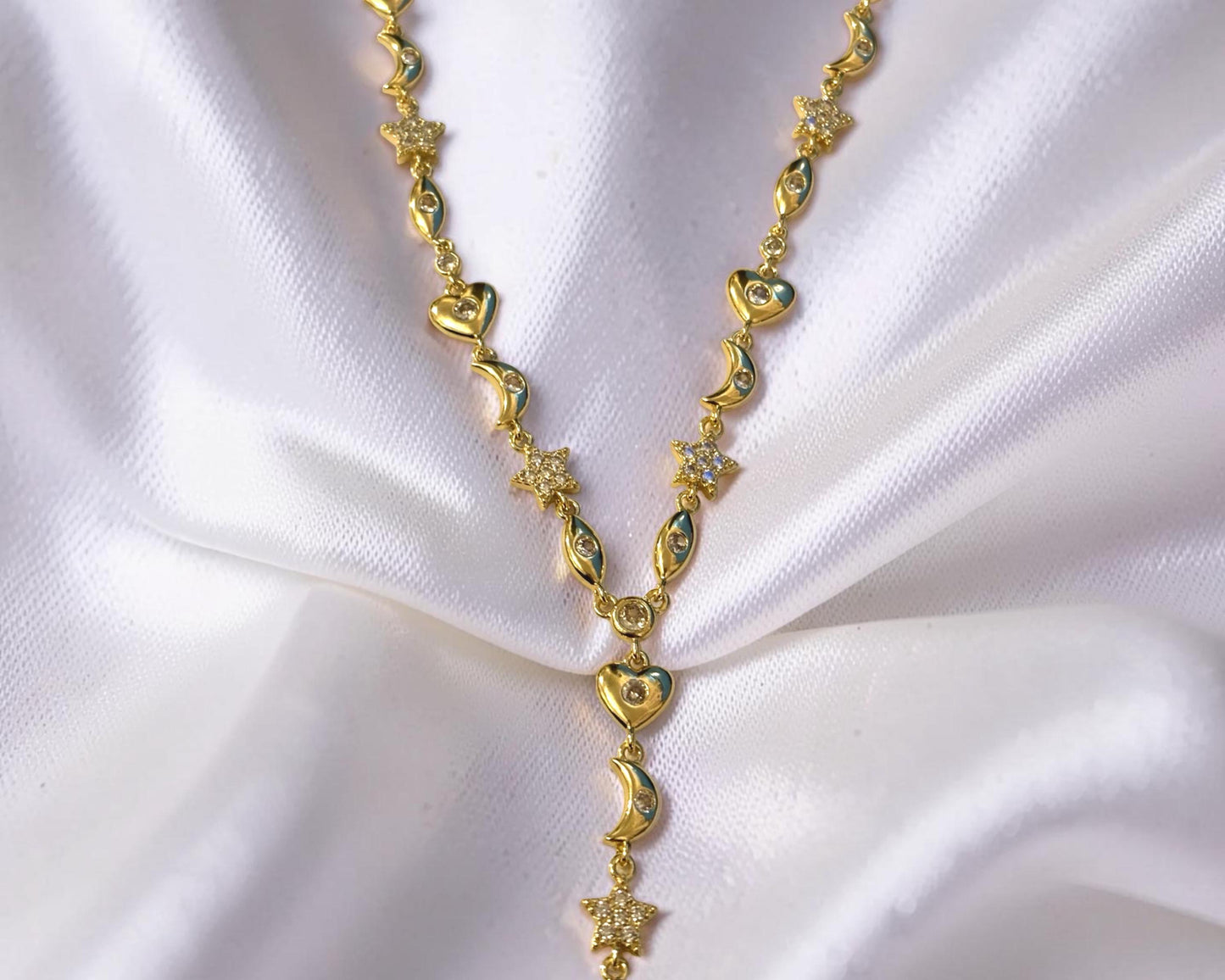 Celestial Necklace 14K Gold Plated Y-Lariat Chain With Moon Star Pendant