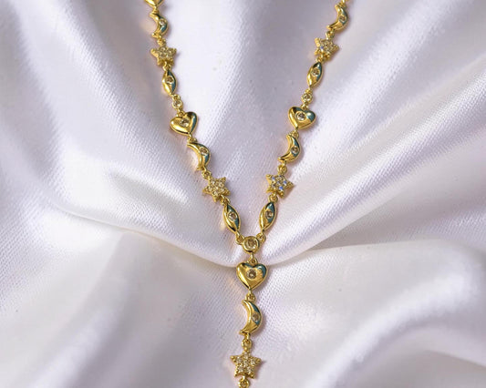 Celestial Necklace 14K Gold Plated Y-Lariat Chain With Moon Star Pendant, gift for her – handmade Hawaiian jewelry, Island Goddess Jewelry