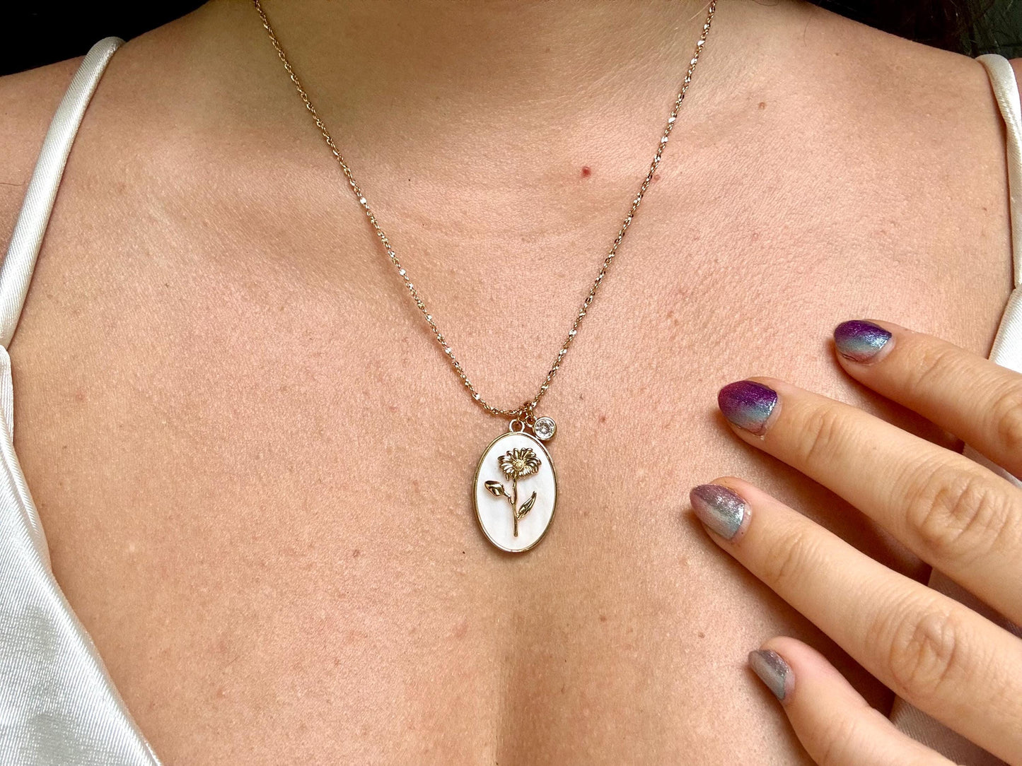 Birth Flower Necklace Stainless Steel 18K Gold Plated Necklace Birthstone Birthday Gift for Her - Gift for Mom , Gift for Girlfriend