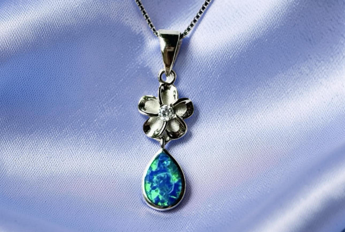 Blue Opal Plumeria Necklace, Rhodium Plated Silver Flower Pendant, gift for her, birthday gift, gift for mom – handmade Hawaiian jewelry, Island Goddess Jewelry