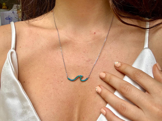 Hawaiian Wave Necklace – Blue Opal Beach Pendant | 925 Sterling Silver Jewelry