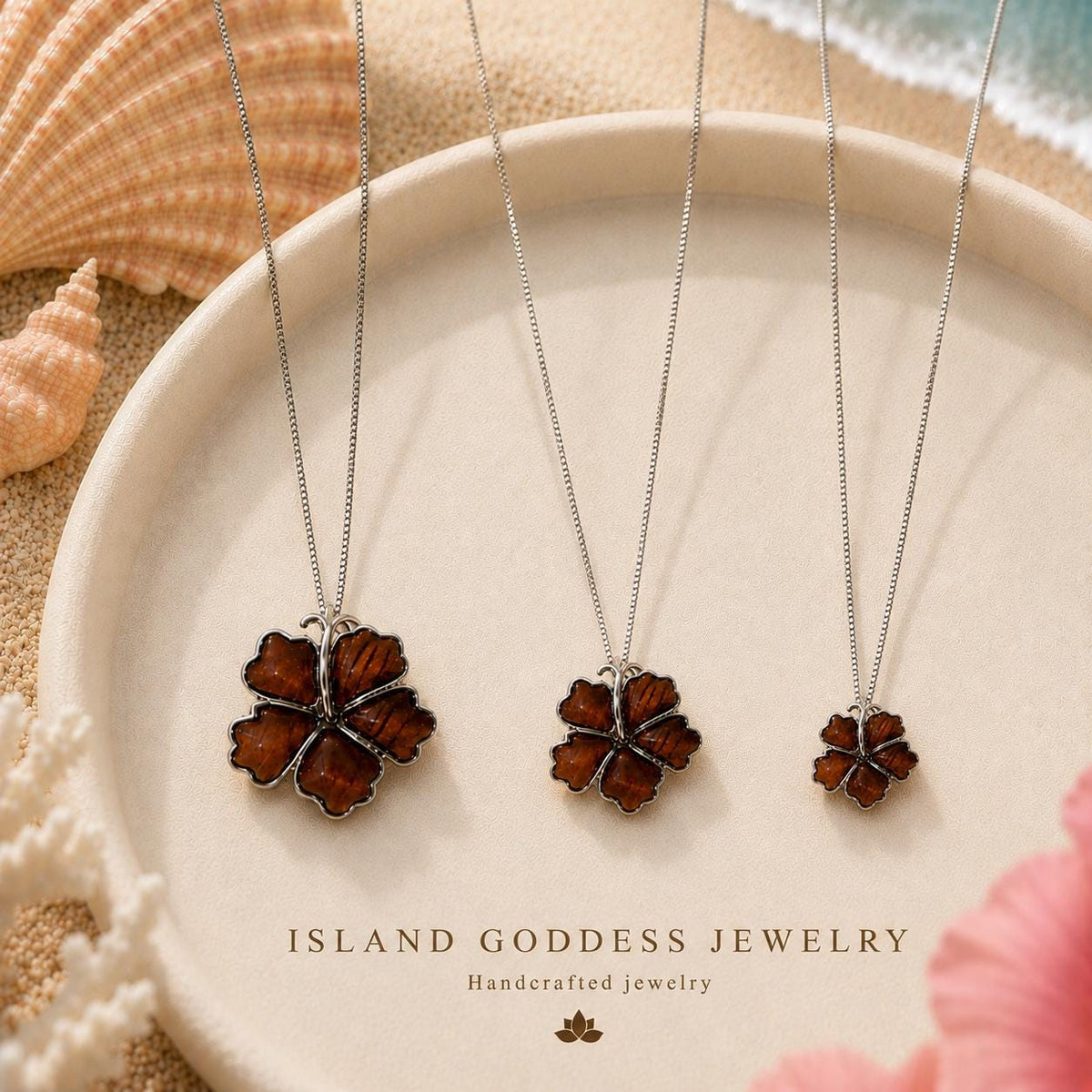 Hibiscus Koa Wood Necklace, 925 Sterling Silver, Gift Ready, hawaii, chain, flower – handmade Hawaiian jewelry, Island Goddess Jewelry