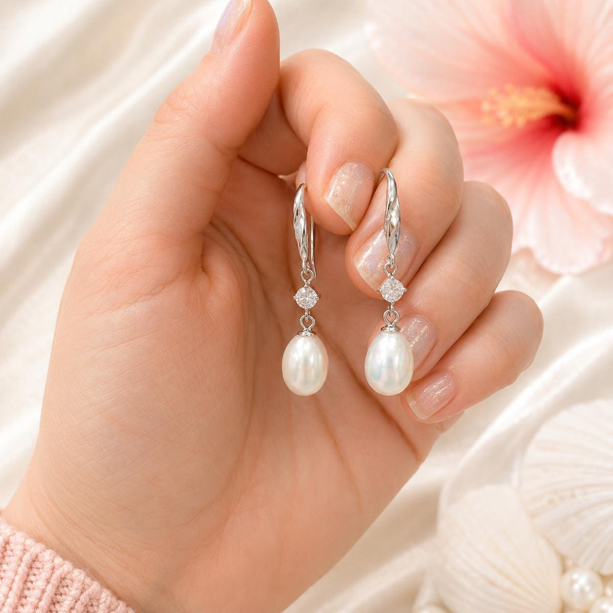 Dangle Pearl Earrings, Rhodium Plated 925 Sterling Silver Gift, gift for her, gift for mom, gift for girlfriend – handmade Hawaiian jewelry, Island Goddess Jewelry