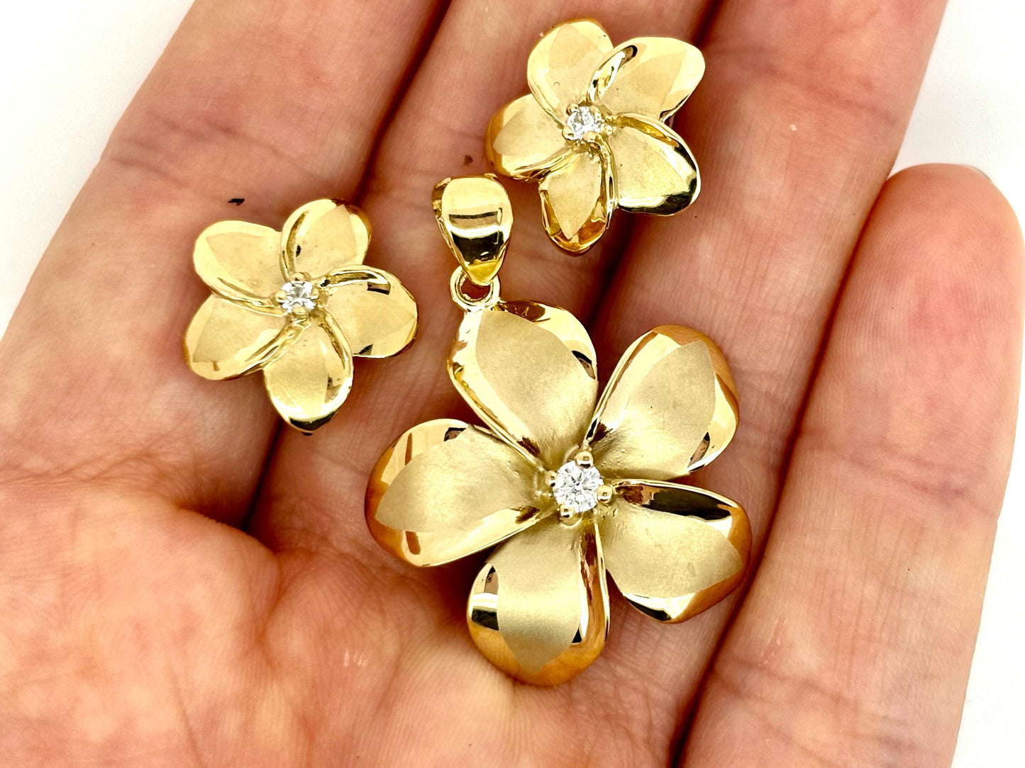 14K Solid Gold Plumeria Pendant Earrings Set Flower Pendant Necklace Gold Pendant Birthday Gift for her Flower Necklace Jewelry Set
