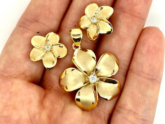 14K Solid Gold Plumeria Pendant Earrings Set Flower Pendant Necklace Gold Pendant Birthday Gift for her Flower Necklace Jewelry Set