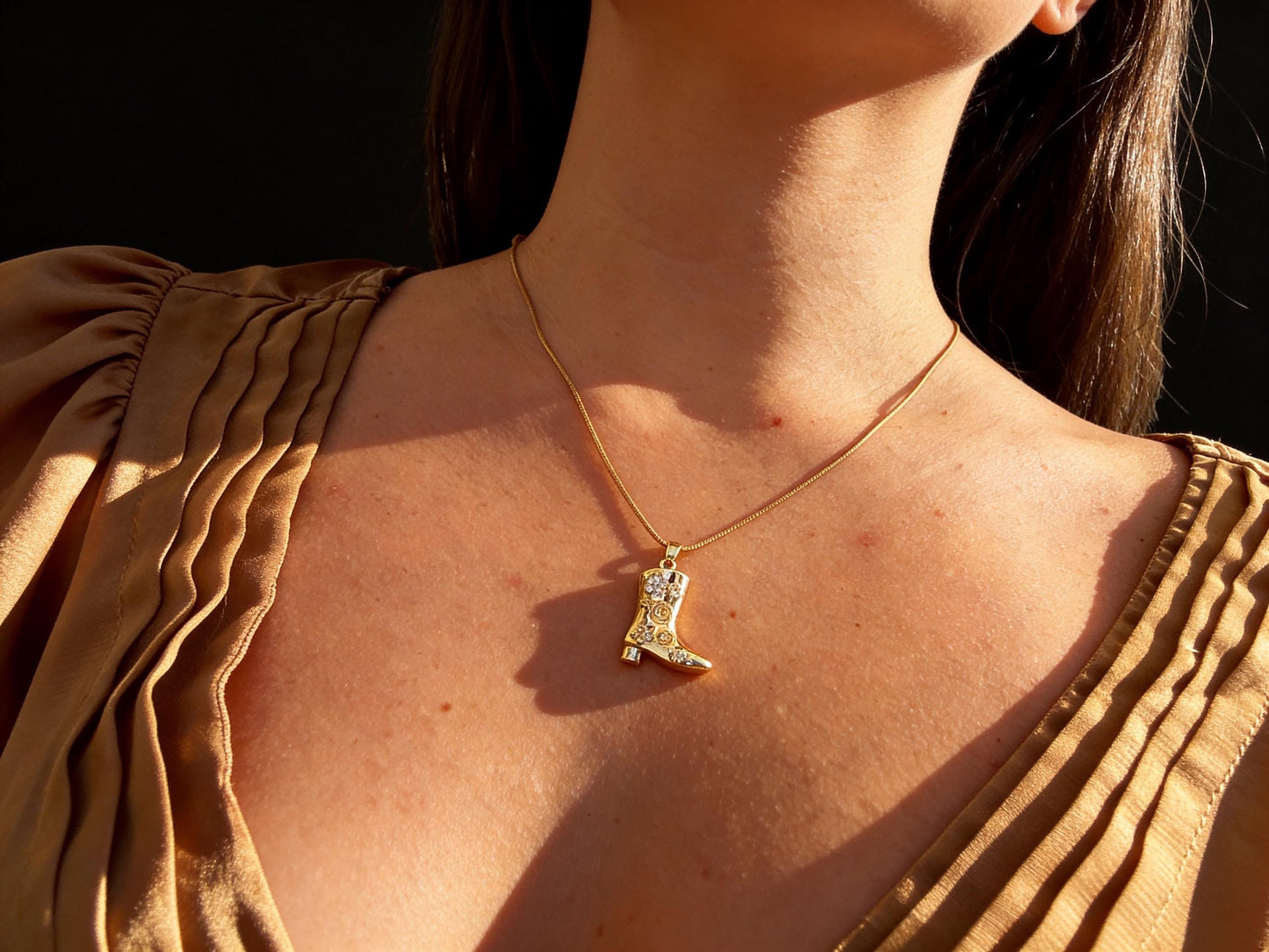 Floral Cowboy Boot Necklace – Gold Plated Stainless Steel With Sparkling Cubic Zirconia
