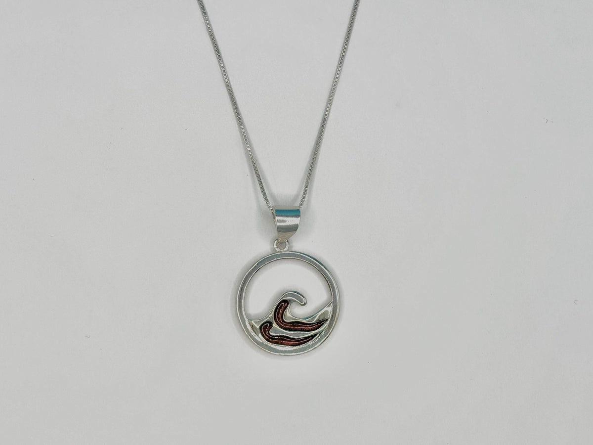 Koa Wood Wave Necklace, Sterling Silver Hawaii Ocean Gift For Her, nontarnish, round, surfer – handmade Hawaiian jewelry, Island Goddess Jewelry